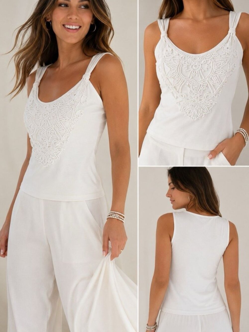 Vintage Cache White Beaded Tank Top Small Pearl Embellished Y2K Stretch USA